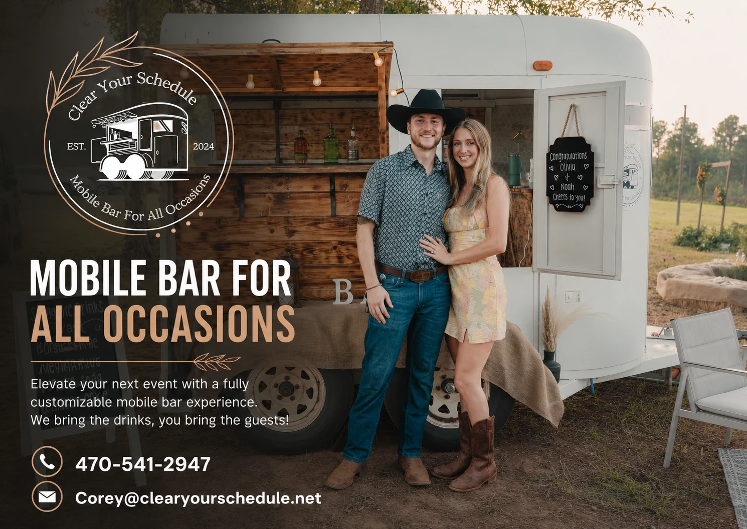 Clear Your Schedule mobile bar owners in front of their branded trailer