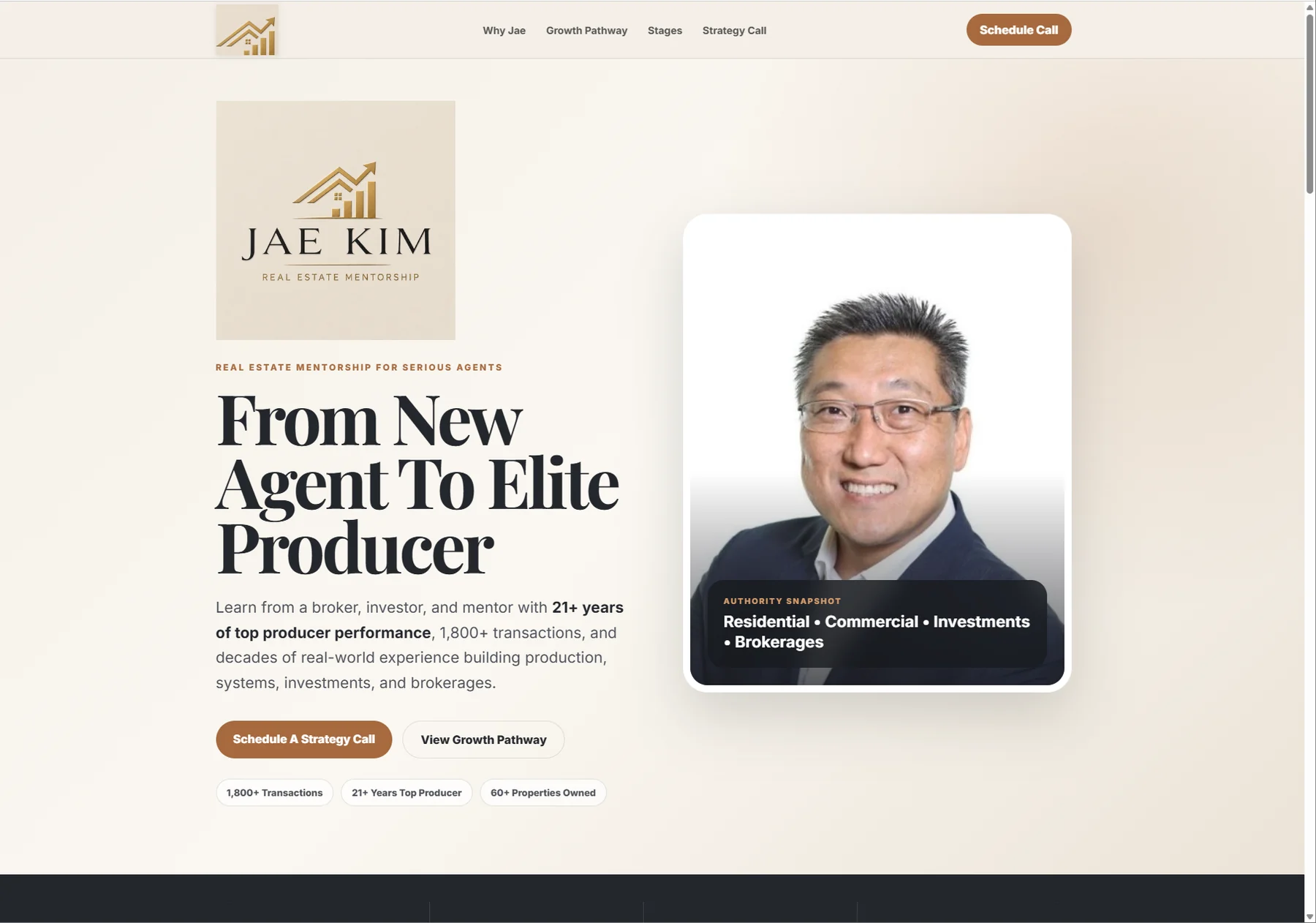 Jae Kim real estate mentorship website featuring the correct Jae Kim logo and branding